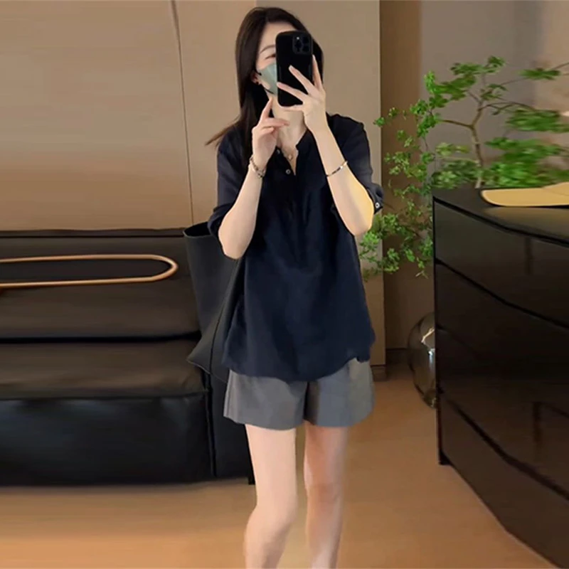 小个子夏季减龄休闲套装显瘦百搭纯色衬衫高腰宽松短裤时尚两件套