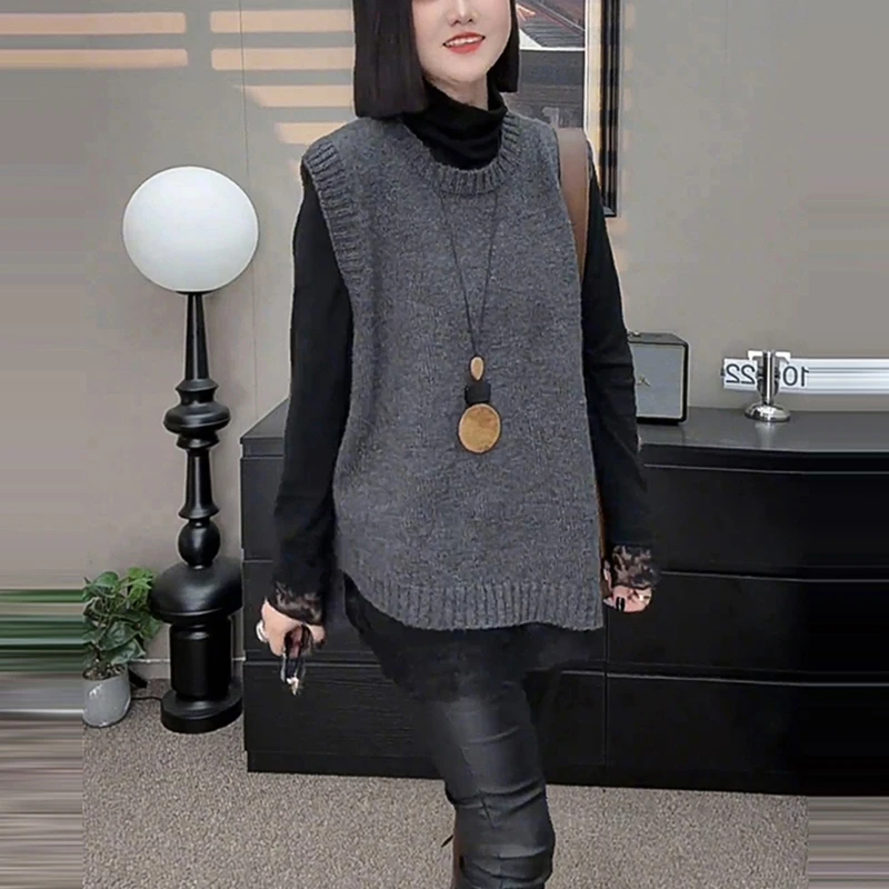 慵懒风韩系休闲套装女设计感蕾丝拼接长袖打底衫针织马甲两件套潮