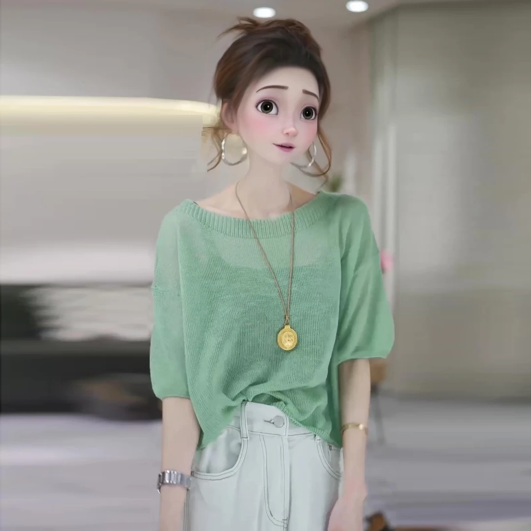 温柔风简约竹节麻针织上衣女2025夏季新款宽松休闲显瘦圆领薄t恤