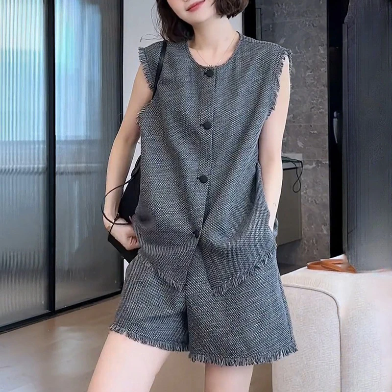 韩系简约休闲套装女2025年夏季新款圆领无袖上衣高腰短裤两件套潮