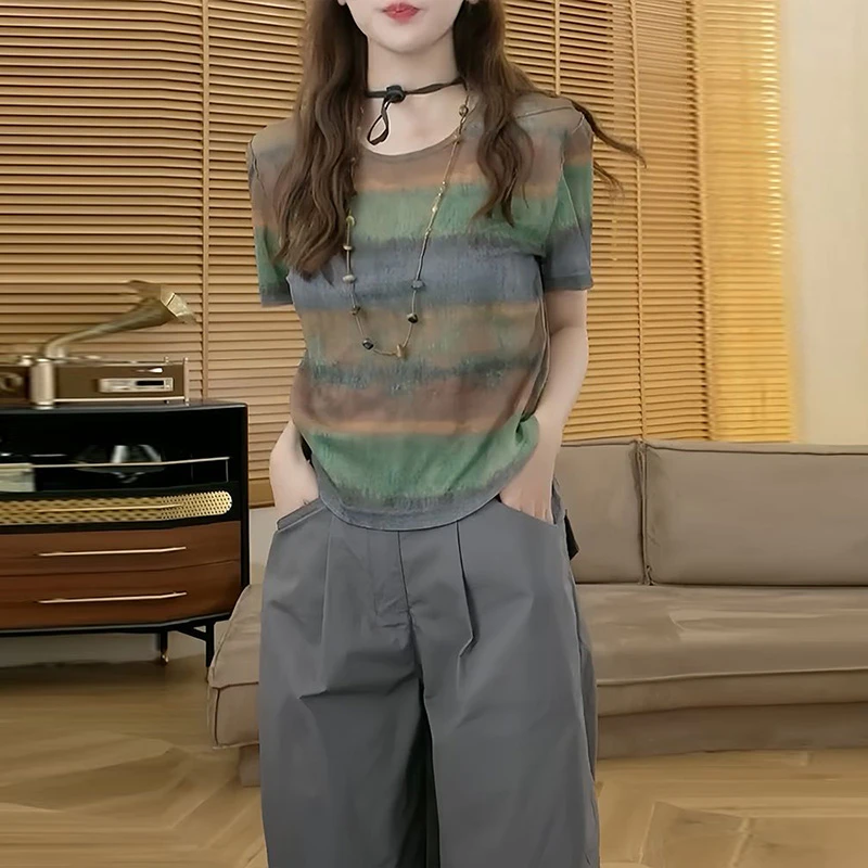 新款复古小众撞色条纹短袖圆领上衣女薄款休闲百搭短款上衣潮
