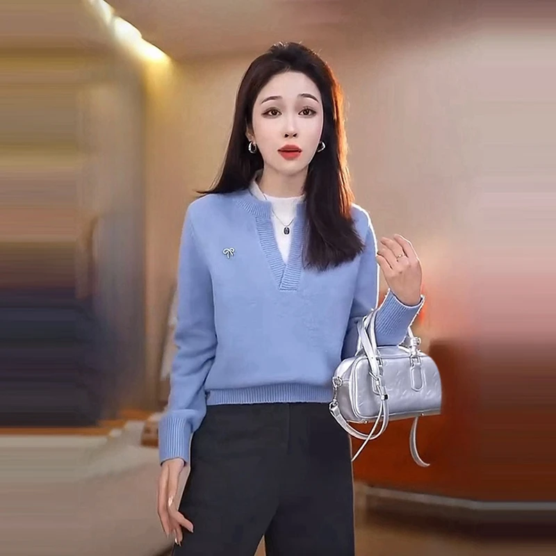 时尚洋气新款半开设计假两件拼接针织衫宽松百搭时髦毛衣减龄上衣