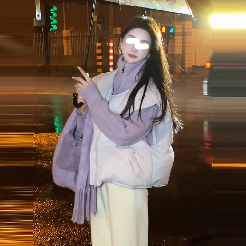 简约时尚减龄无袖棉服马甲外套气质高领长袖针织衫毛衣上衣套装女