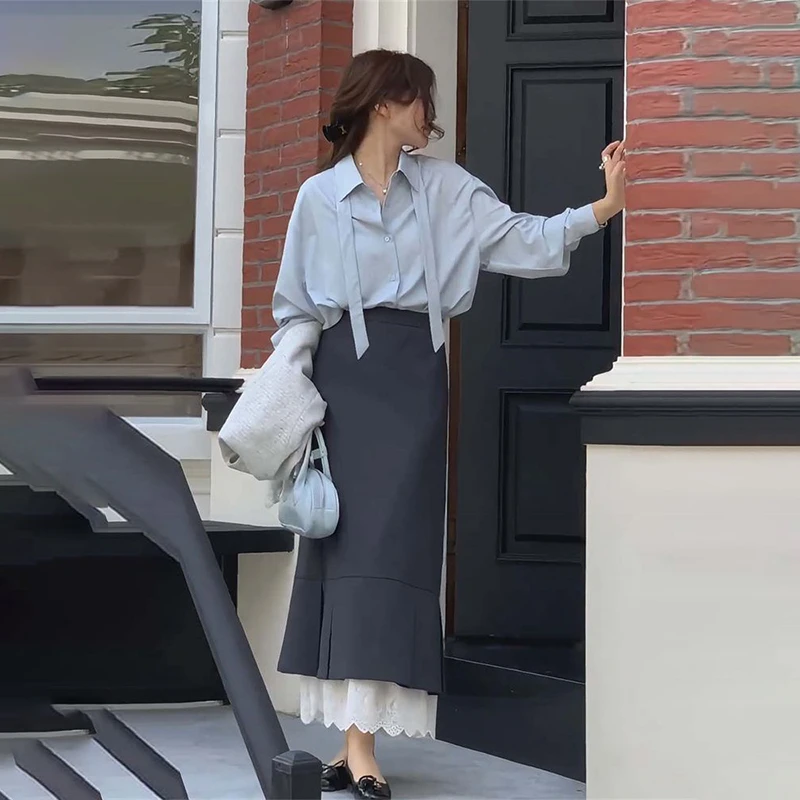 入秋一整套减龄穿搭韩版洋气长袖衬衫上衣高腰显瘦半身裙两件套潮