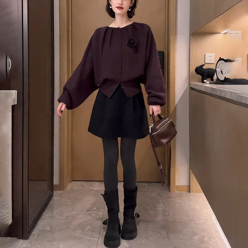 时尚单排扣复古开衫女文艺简约时尚显瘦毛衣针织衫高腰短裙两件套