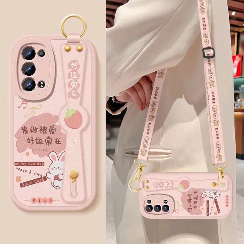 好运常在opporeno6pro手机壳reno6pro+小羊皮reno6斜跨腕带保护套