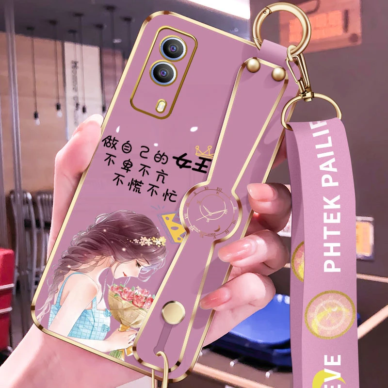 vivoy53s手机壳新款y52s简约女王y50电镀斜挎腕带挂绳VIVO硅胶软y