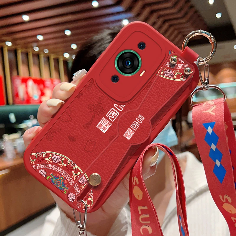 华为nova11手机壳新款红nova11pro斜挎腕带平安如意小羊皮硅胶软