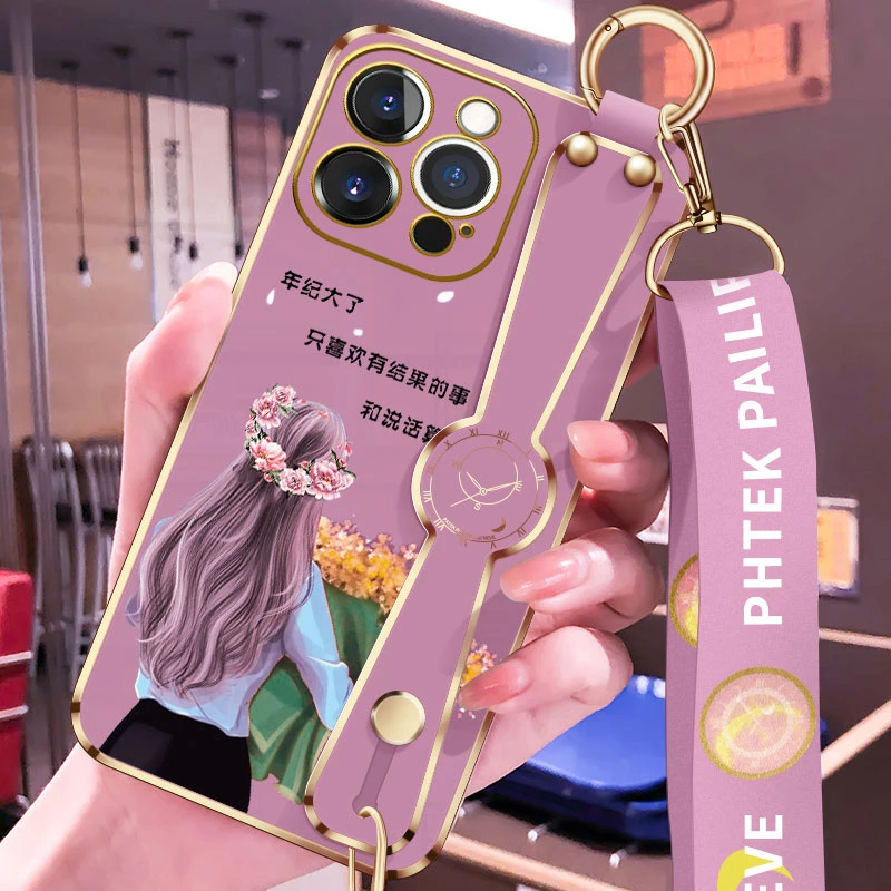苹果14手机壳新款iPhone14pro抱花14promax电镀斜挎腕带挂绳硅胶