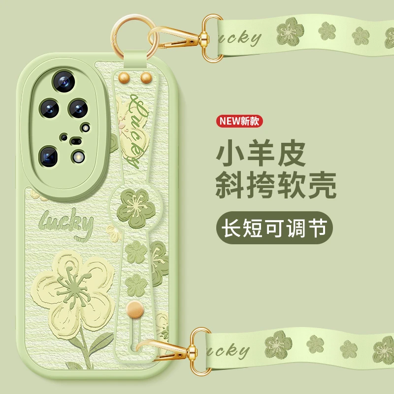 油画小花华为p50e手机壳华为p50新款p50pro小羊皮斜挎腕带保护套