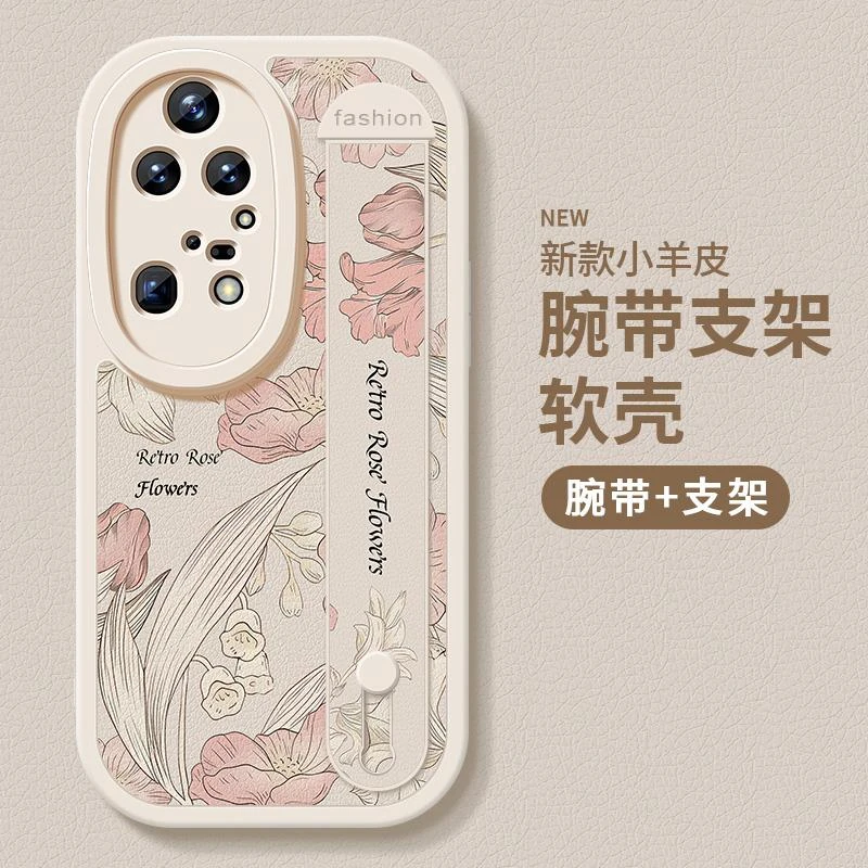 复古花卉适用华为p50e手机壳华为p50新款p50pro小羊皮腕带保护套