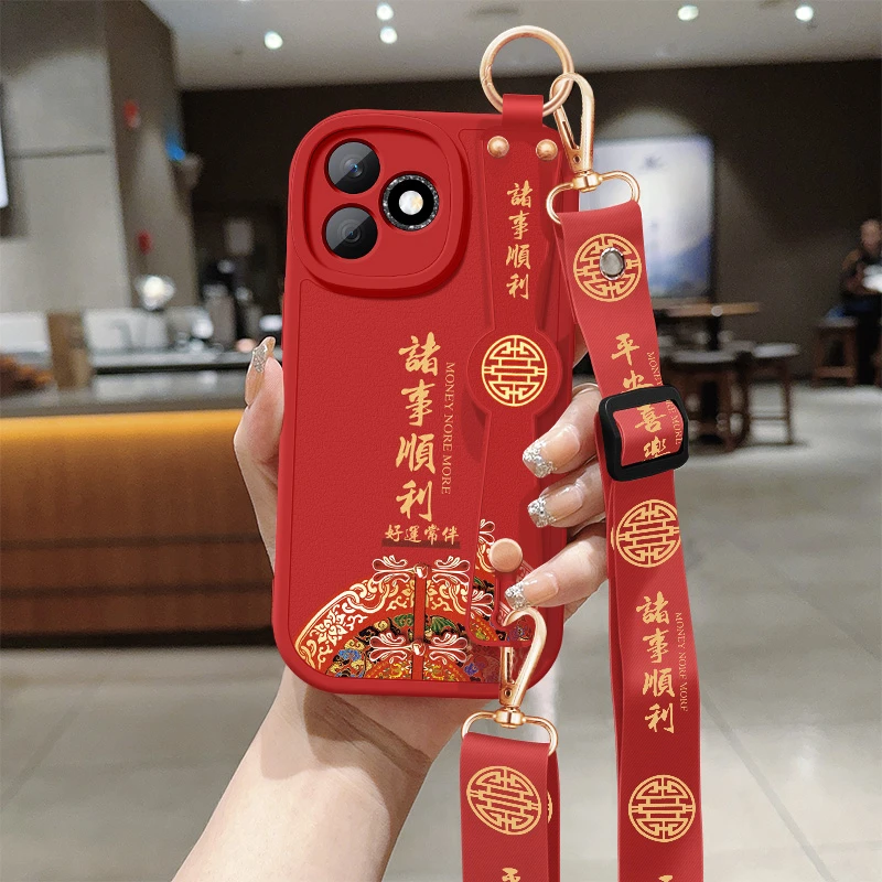 诸事顺利华为荣耀x60i手机壳新款小羊皮斜挎腕带全包防摔保护套女