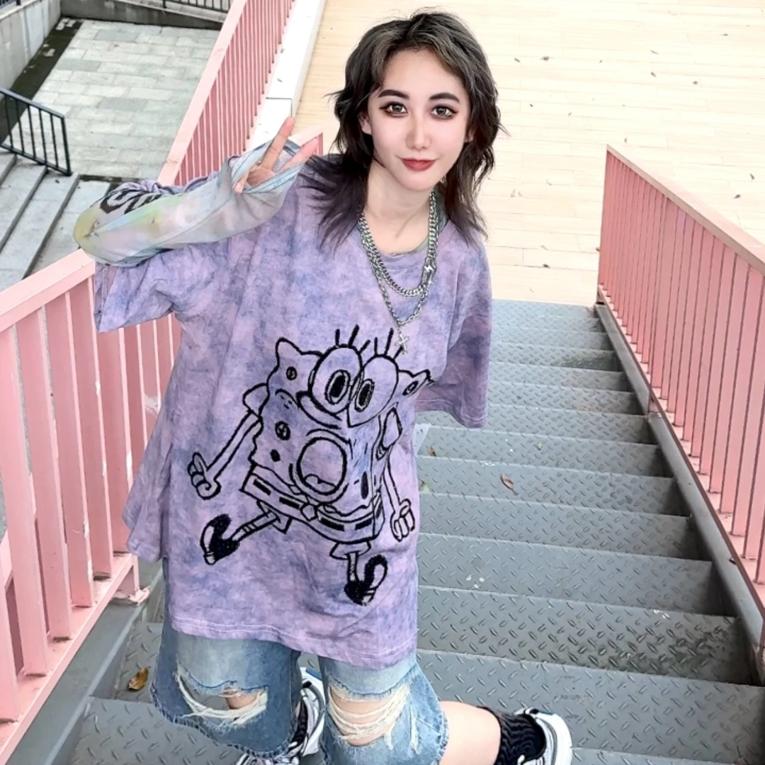 美式扎染渐变质感海绵宝宝休闲宽松短袖T恤毕业季