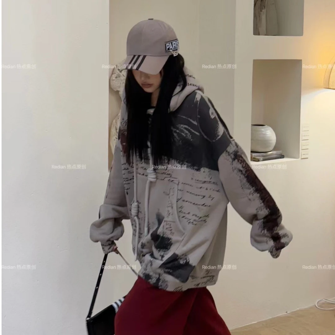 潮酷美式宽松大板型满印花连帽卫衣时尚加绒0849