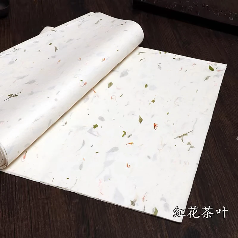 凤泉 手工天然茶叶红花四尺屏花草宣皮纸  半生半熟