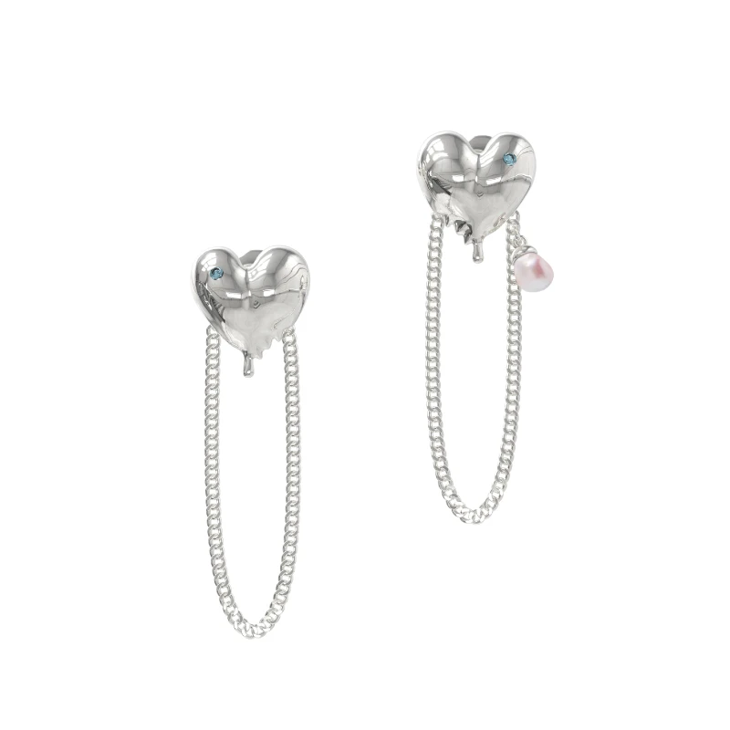 PEARLONA 铜合金仿珍珠耳饰 深海浮游融化爱心巴洛克链条耳钉设计