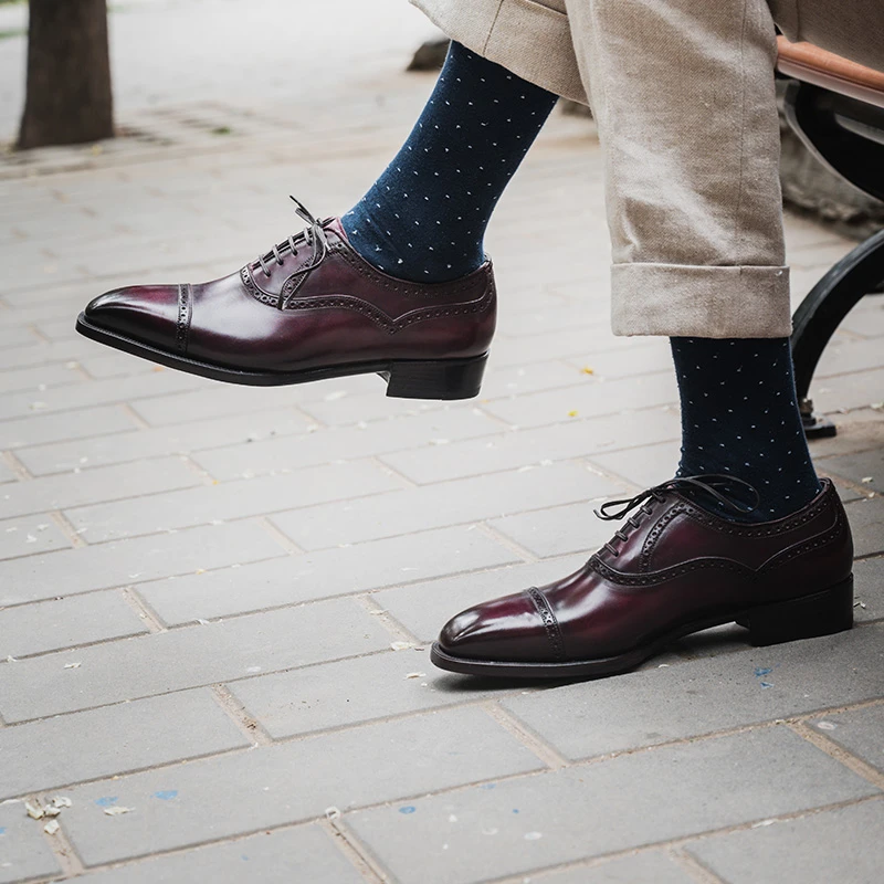 意大利Antonio Meccariello手工固特异牛津皮鞋男 酒红擦色布洛克