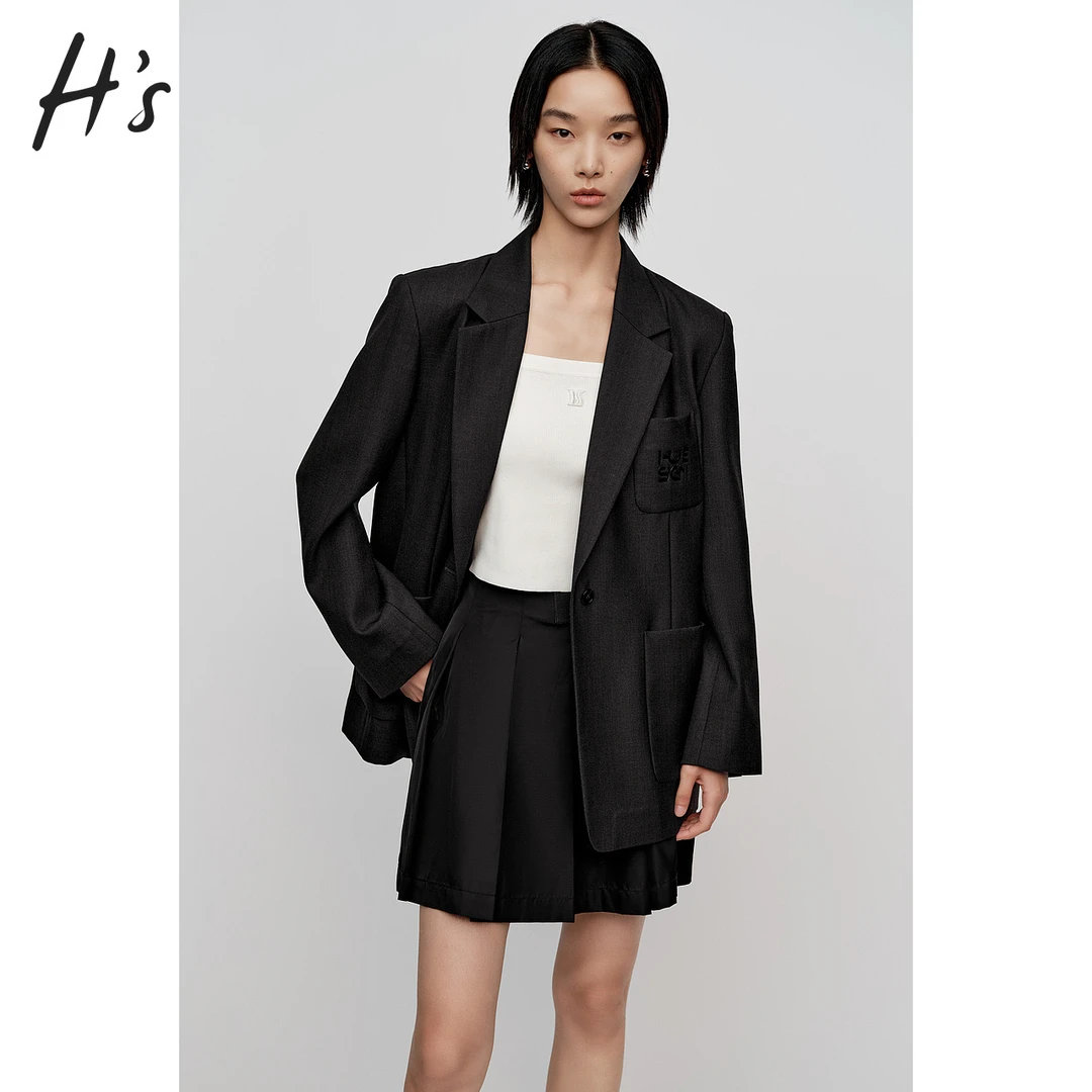 HS高定西装新款女装美丽诺羊毛商场同款高级黑色西服外套