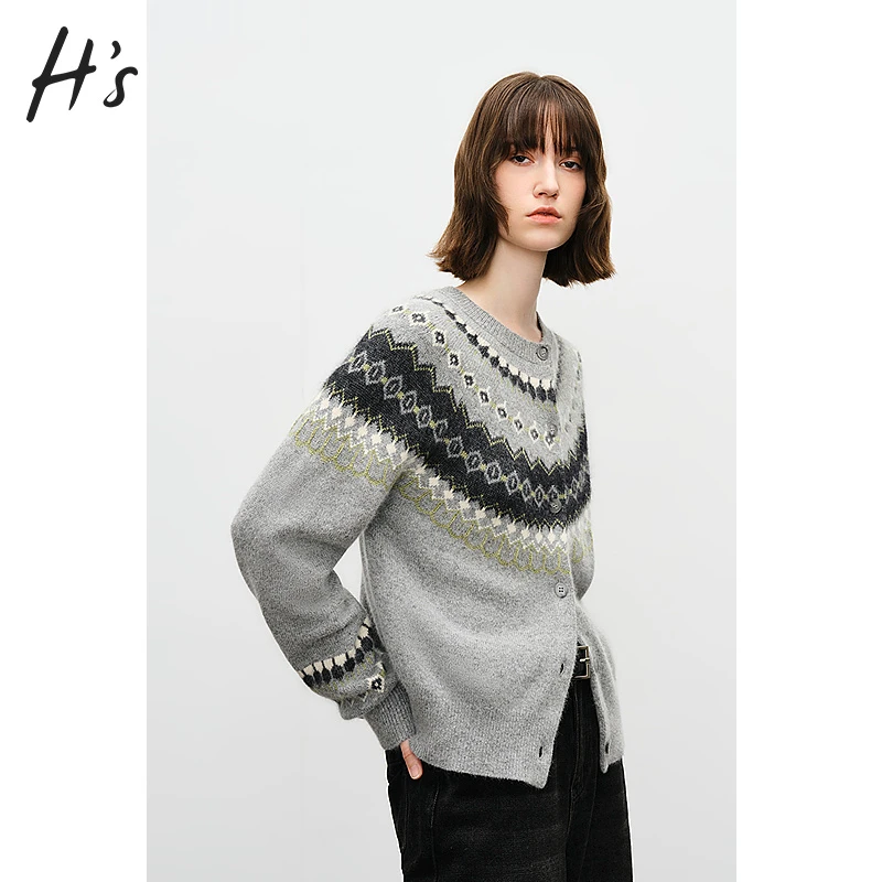 HS时髦经典北欧风圆领针织开衫2024冬季新款女装保暖显瘦提花毛衣