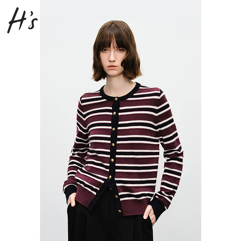 HS经典条纹针织开衫女24冬季新款撞色修身设计感休闲长袖毛衣上衣