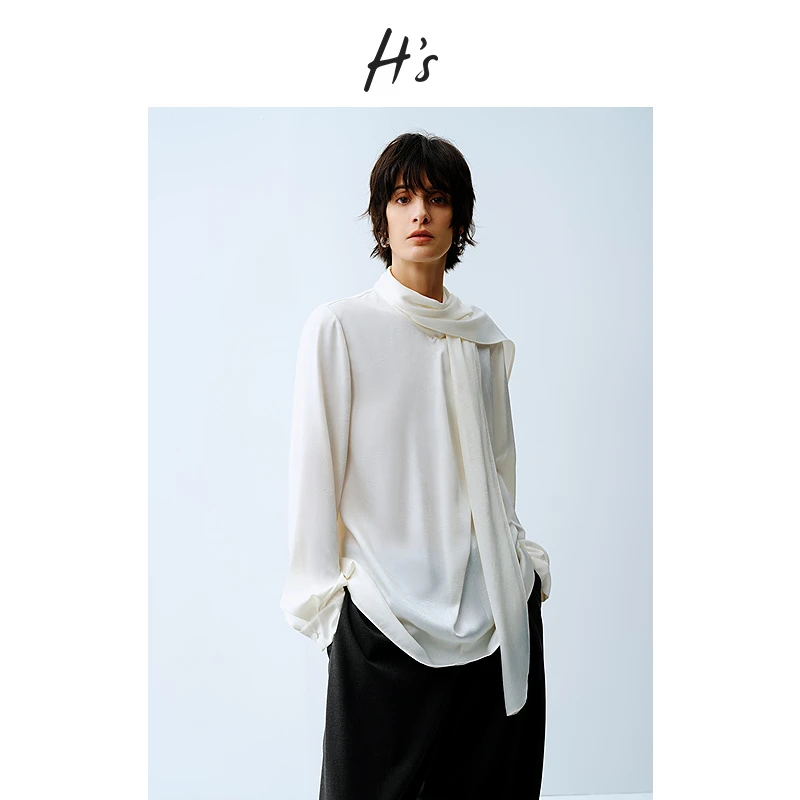 HS飘带领衬衫女25春季新款缎面抓花肌理质感简约柔顺垂感套头衬衣