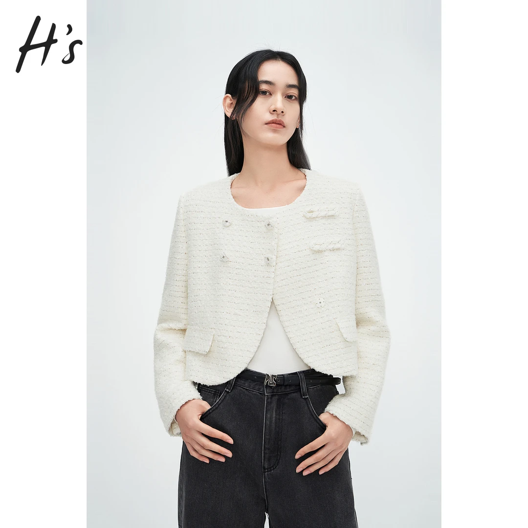 HS新中式斜门襟外套新品女装圆领短款小垫肩设计感上衣