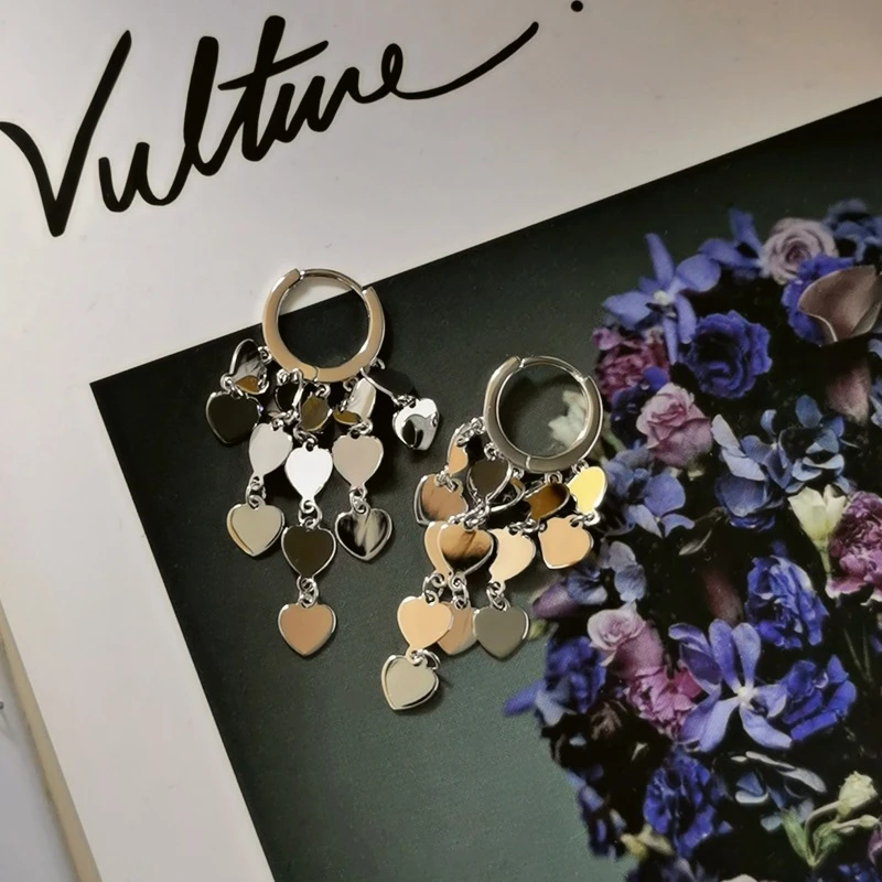 925银耳饰 时尚通体S925纯银耳扣设计感心形耳饰亮片流苏耳环百搭