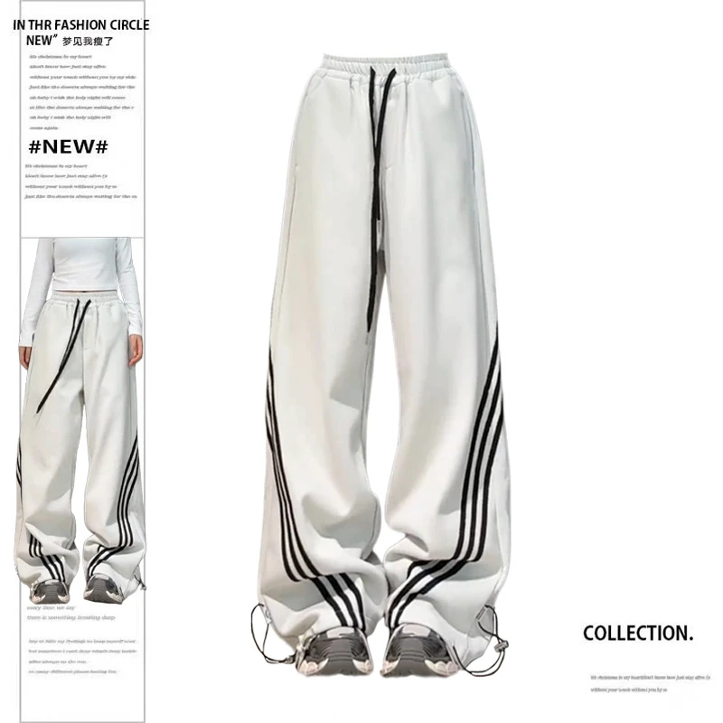 美式复古设计感三条杠卫裤hiphop宽松休闲爵士舞男女加绒阔腿裤子