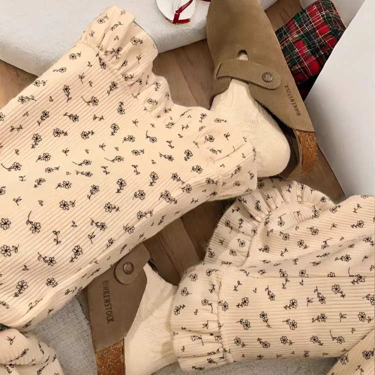 日系复古碎花灯芯绒休闲裤女小个子秋冬加绒加厚微喇叭阔腿拖地裤