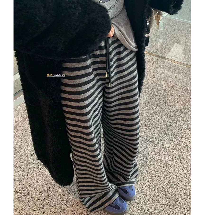韩系深灰色横条纹阔腿裤女冬季新款休闲慵懒风显瘦松弛感加绒长裤