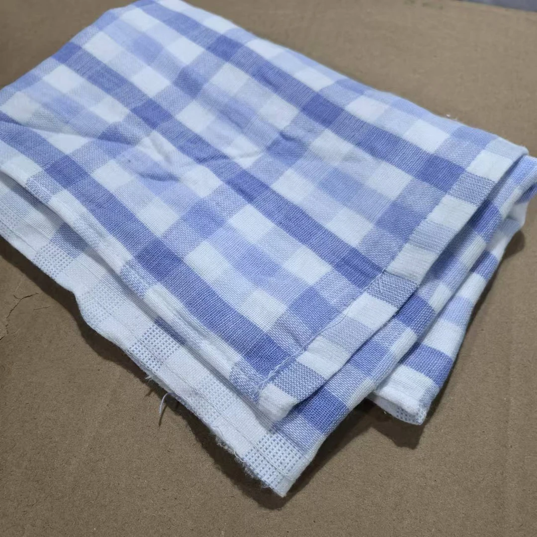 蓝色方格全棉毛巾（棉纱+毛圈），34*74.发3条 微瑕