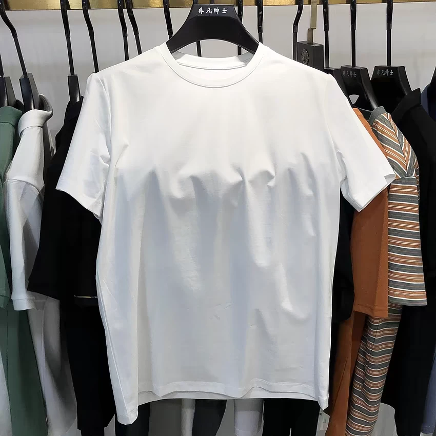 白色纯棉T恤夏季宽松休闲圆领上衣男生轻奢痞帅男装短袖t恤男士潮