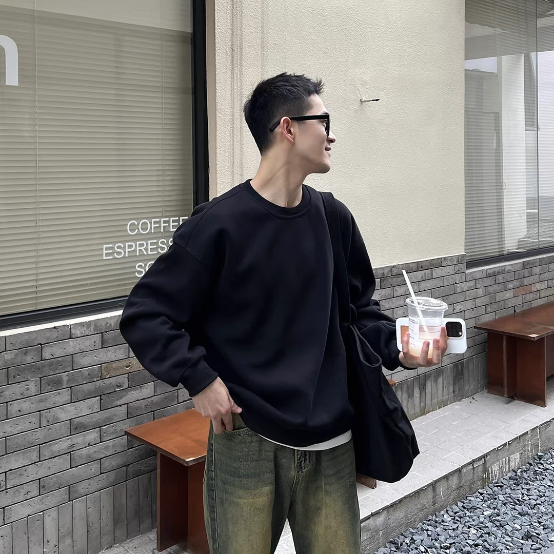 美式简约宽松休闲百搭套头黑色圆领卫衣男款秋冬季内搭打底衫加绒