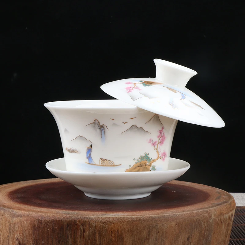 羊脂玉悬停盖碗手工大容量陶瓷茶盖碗中式简约茶道摆件茶具瓷盖碗