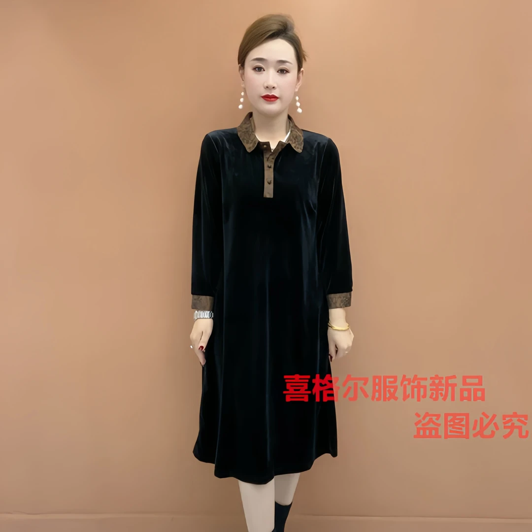 (大码190斤)秋季时尚翻领新中式连衣裙时尚气质显瘦长袖大码裙子