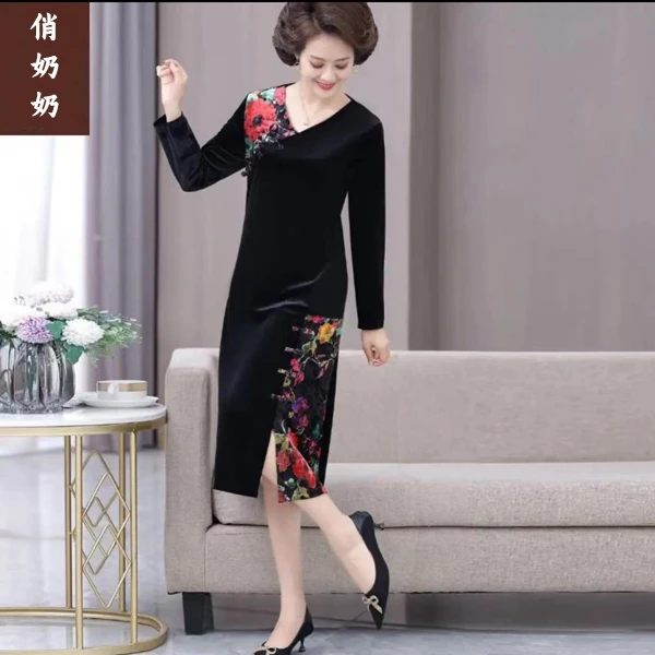 春秋中老年长袖显瘦气质大码女装连衣裙时尚妈妈装洋气中长裙