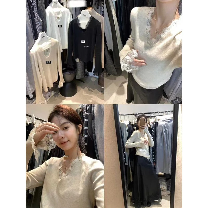 2024秋冬新款气质简约别致蕾丝拼接V领针织衫女显瘦百搭软糯上衣