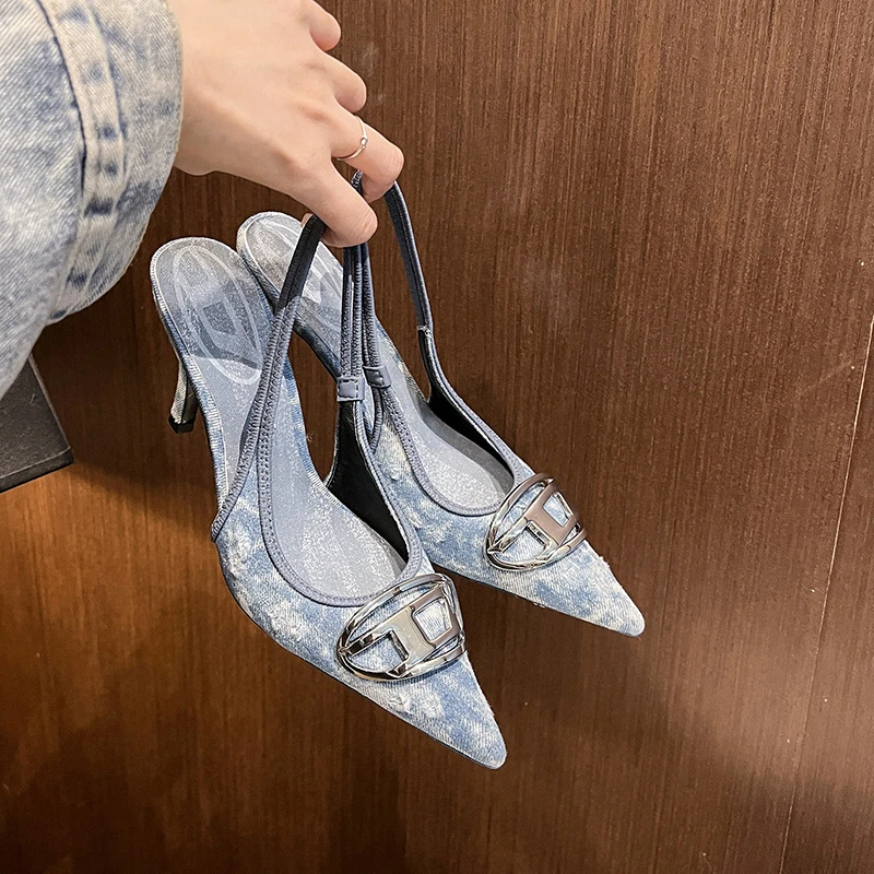 2024春新款法式一字带浅蓝色高跟鞋女复古牛仔布尖头包头半拖凉鞋