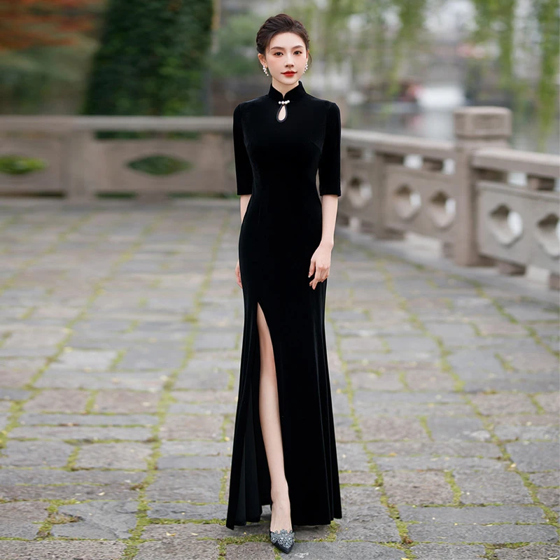 长款黑色鱼尾金丝绒旗袍新款中国风复古演出服走秀气质连衣裙优雅