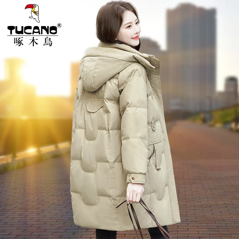 2025新款爆款90白鸭绒羽绒服女长款脱帽冬季时尚加厚防寒女式外套