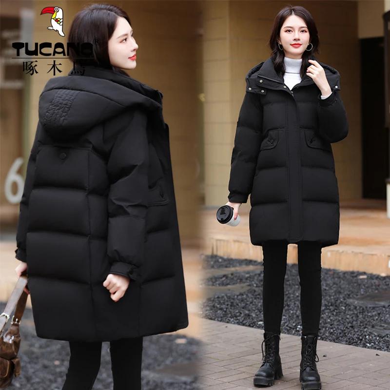 【90白鸭绒】2024新款连帽羽绒服女款爆款高档保暖加厚防寒中长款