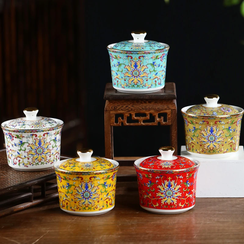 森磊碗盘中式珐琅彩带盖描金家用大容量隔水陶瓷炖盅蒸鸡蛋羹煲汤