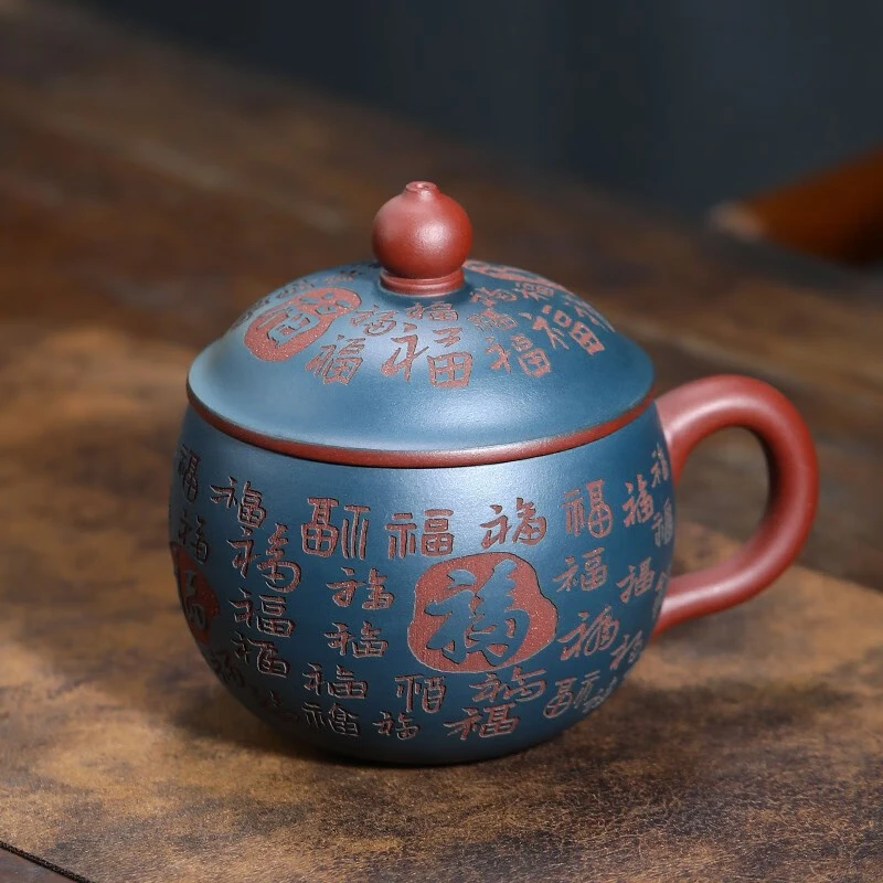 宜兴原矿粉浆刻绘百福紫砂茶杯带盖紫砂杯个人专用办公杯泡茶高档