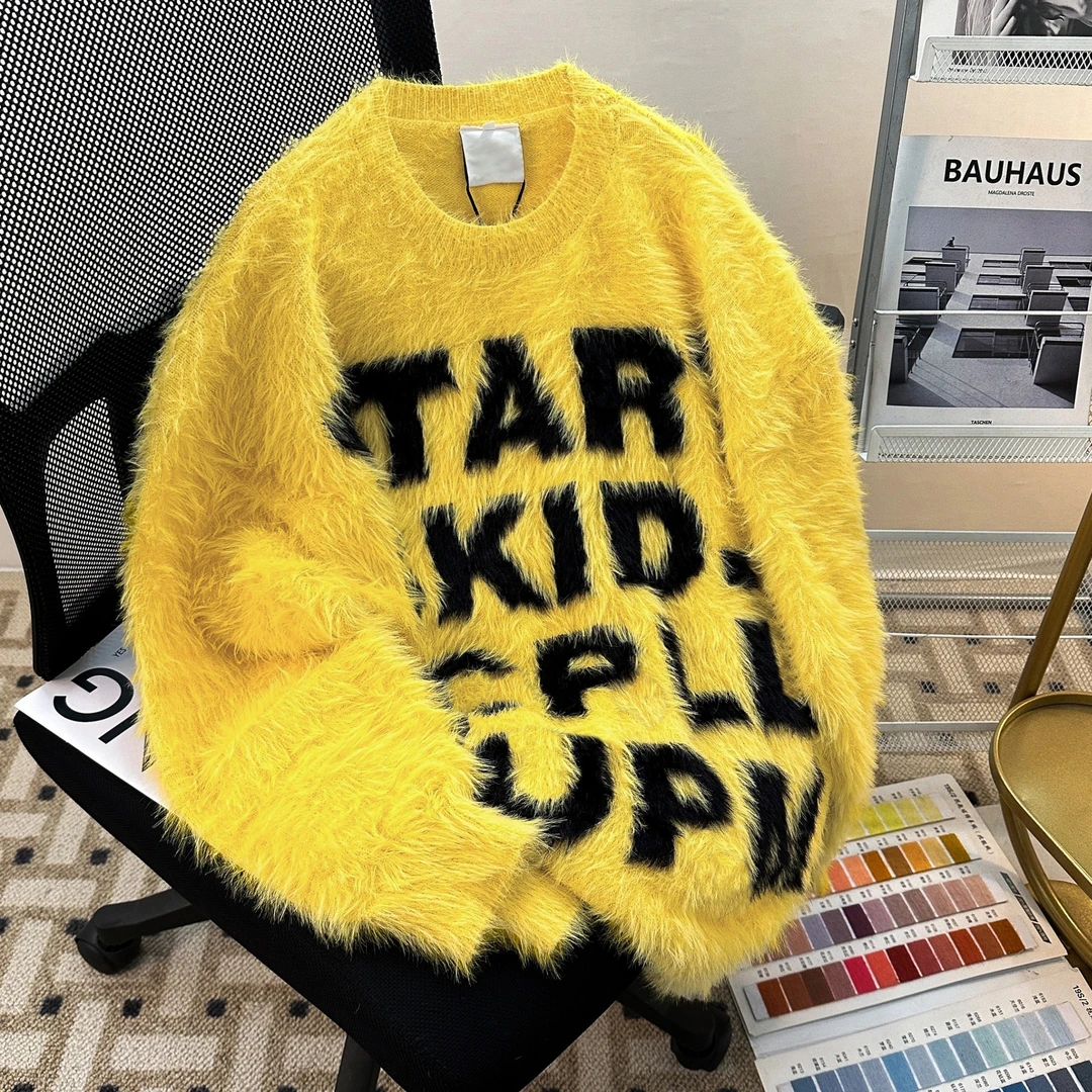 新款潮牌美式字母提花水貂毛圆领针织衫男女宽松潮流情侣毛衣