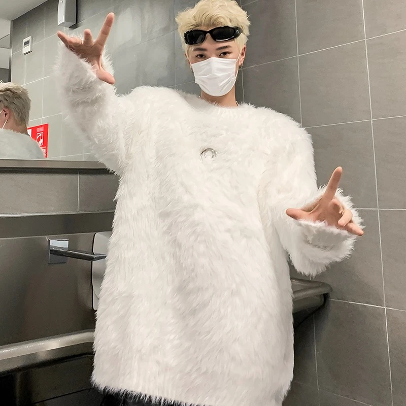 高级氛围感慵懒仿水貂毛针织毛衣男廓形纯色软糯宽松上衣潮