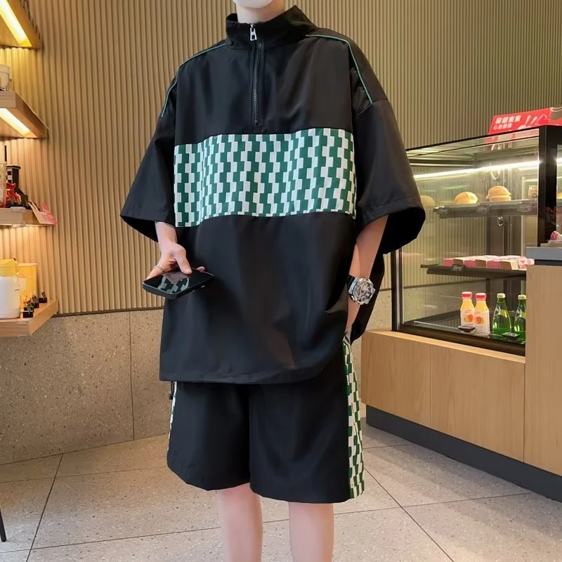 休闲套装男夏季拼接格子半拉链短袖t恤宽松潮牌运动短裤子两件套