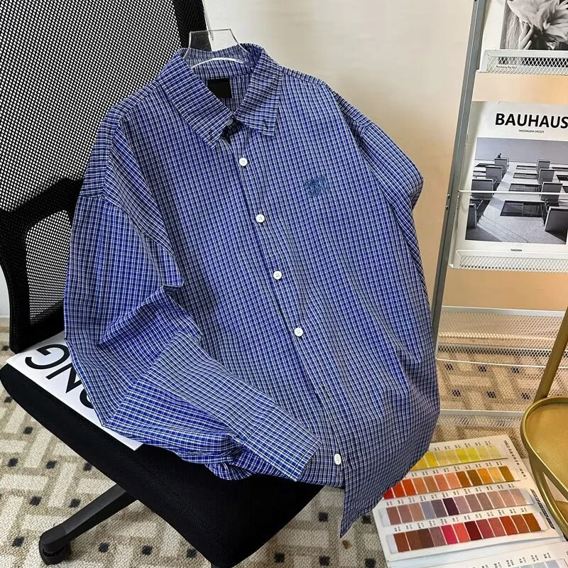 美式蓝色格纹长袖衬衫男女潮流秋季2024新款韩版翻领休闲外套衬衣