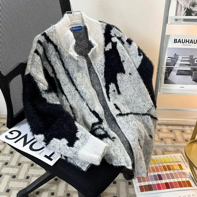 秋冬拉链开衫毛衣外套男半高领拼色渐变复古青少年宽松学生针织衫