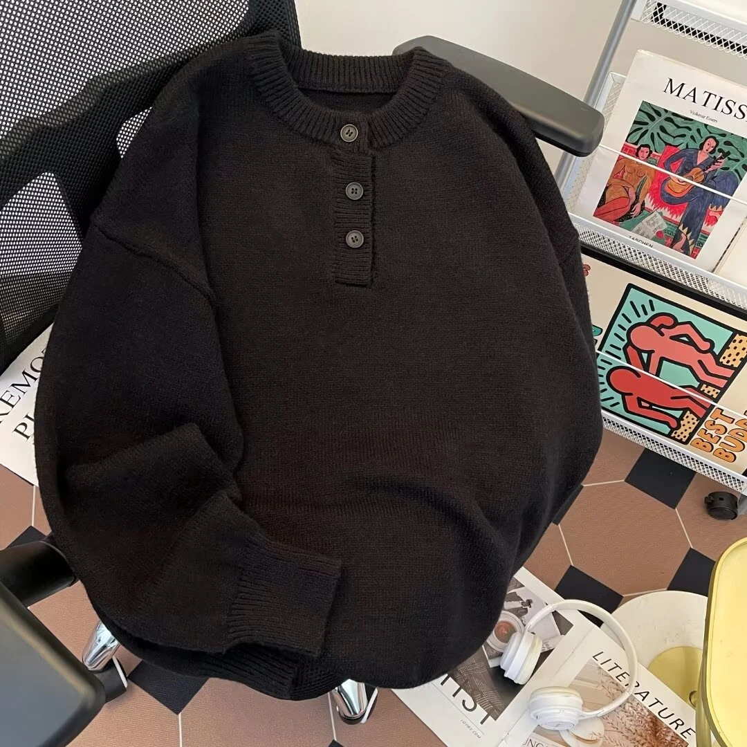 秋冬纽扣套头毛衣男圆领休闲潮牌学生百搭韩版潮流保暖加厚针织衫