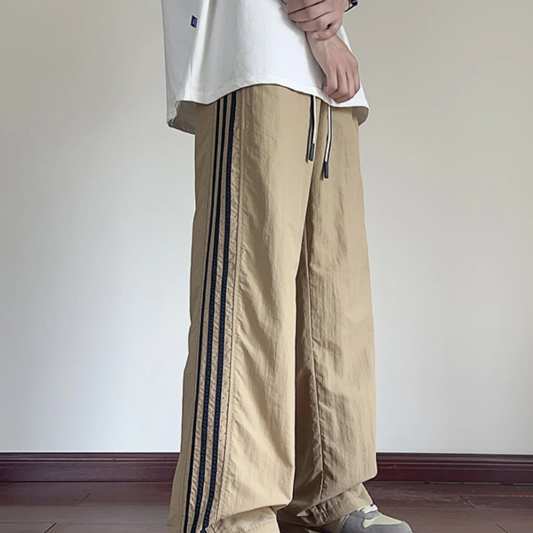 速干冰丝裤子男夏季薄款美式三条杠运动裤青少年宽松阔腿休闲长裤